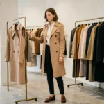 Femme élégante en trench coat beige parcourant les tendances mode dans une boutique parisienne minimaliste