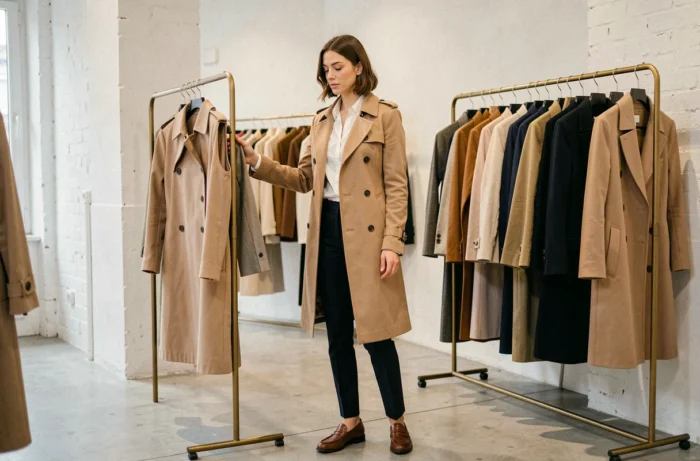 Femme élégante en trench coat beige parcourant les tendances mode dans une boutique parisienne minimaliste