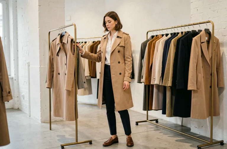 Femme élégante en trench coat beige parcourant les tendances mode dans une boutique parisienne minimaliste