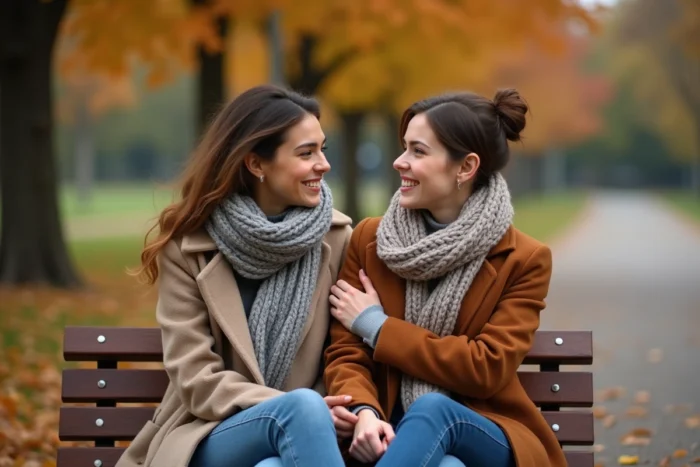 Deux femmes partageant un moment d'apaisement et de soutien mutuel sur un banc dans un parc en automne