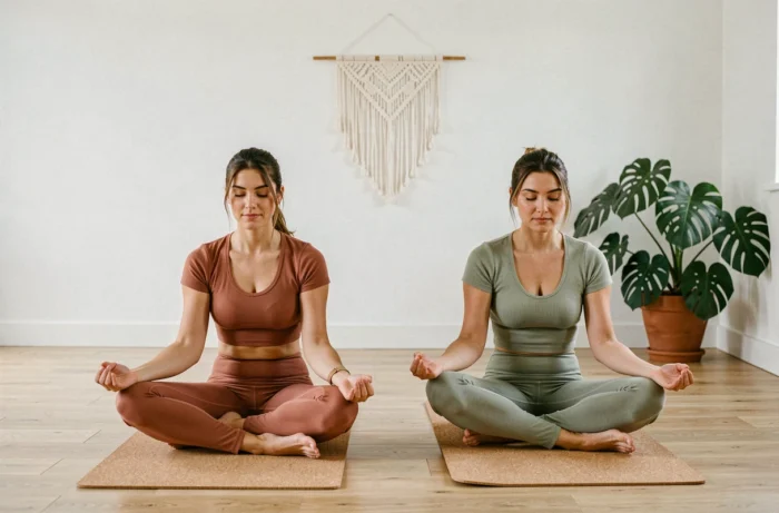 Deux femmes pratiquant le yoga dans un studio minimaliste pour illustrer les bienfaits du bien-être au quotidien