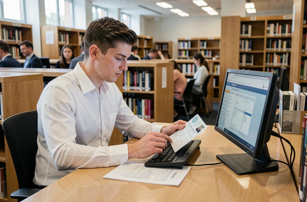 Un jeune homme remplit un formulaire administratif ANTS en ligne dans une bibliothèque publique