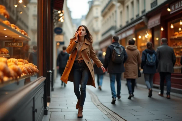 Jeune femme s'arrêtant devant une vitrine de boulangerie avec une envie soudaine, illustrant la fringale