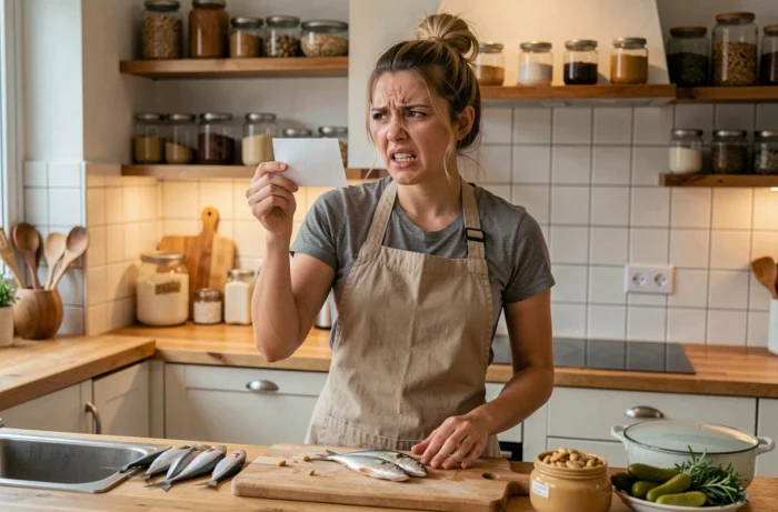 Jeune femme horrifiée par un gage culinaire insolite tiré d'une cocotte en papier