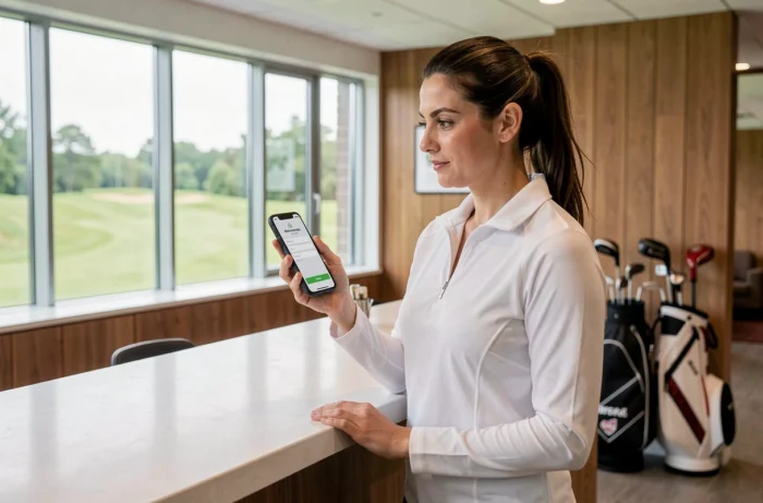 Femme consultant son espace membre FFGolf sur smartphone dans un club house de golf