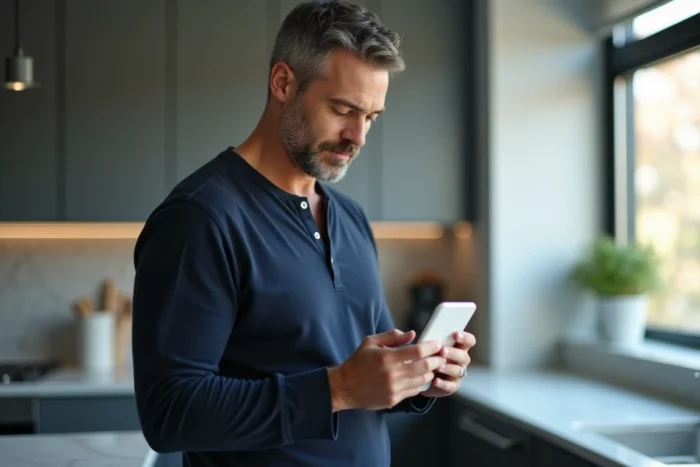 Homme utilisant son smartphone pour gérer son compte Keldoc dans une cuisine moderne