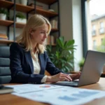 Gestionnaire LMNP femme professionnelle analysant des documents de gestion locative sur un bureau moderne