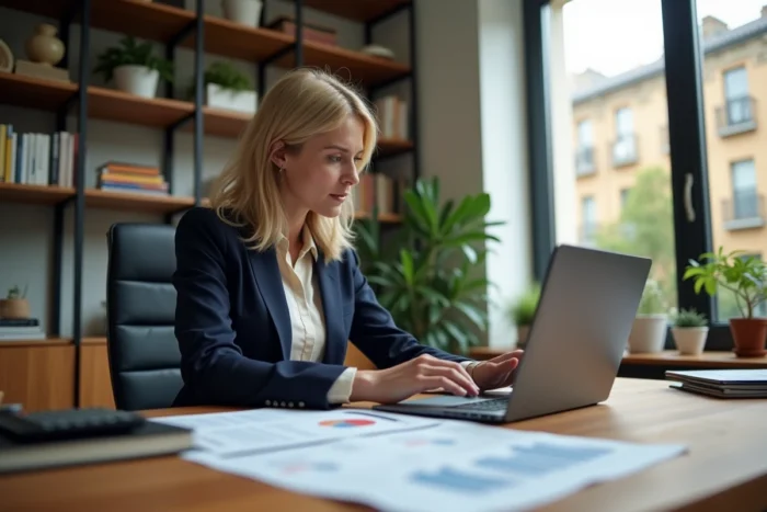 Gestionnaire LMNP femme professionnelle analysant des documents de gestion locative sur un bureau moderne