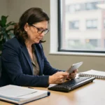 Une professionnelle en association tutélaire consulte l'application Mon Proxima sur une tablette pour gérer les dossiers administratifs