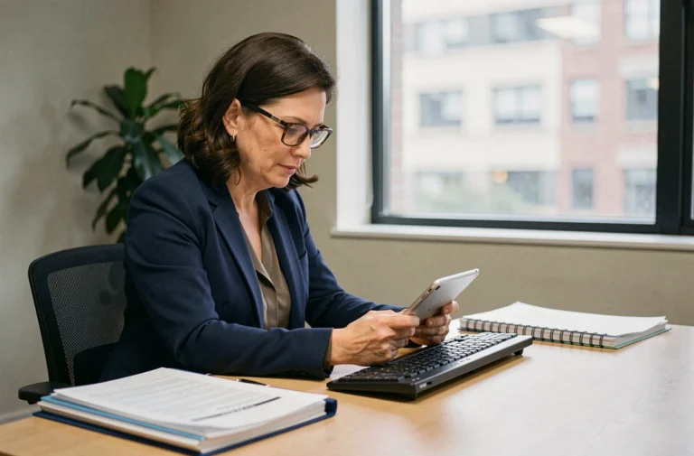 Une professionnelle en association tutélaire consulte l'application Mon Proxima sur une tablette pour gérer les dossiers administratifs