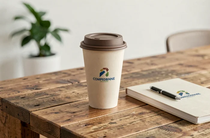 Gobelet personnalisé avec logo d'entreprise posé sur une table de réunion en bois, entouré d'un carnet et d'un stylo dans un espace de travail minimaliste