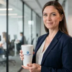 Femme professionnelle en bureau moderne tenant un gobelet personnalisé avec logo d'entreprise, illustration de la communication d'entreprise par l'objet promotionnel