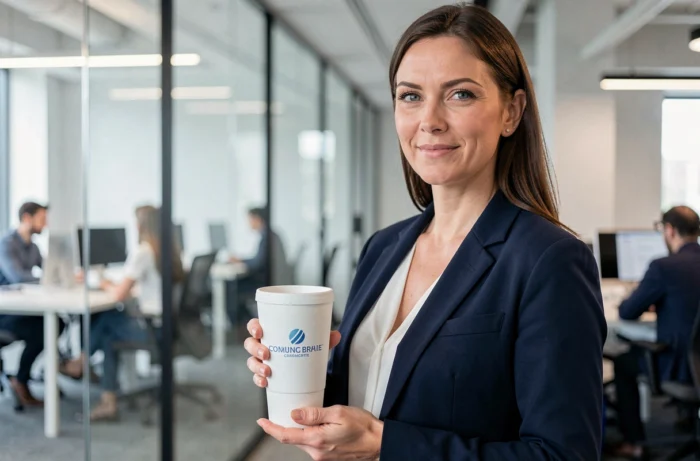 Femme professionnelle en bureau moderne tenant un gobelet personnalisé avec logo d'entreprise, illustration de la communication d'entreprise par l'objet promotionnel