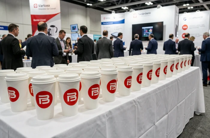 Rangée de gobelets personnalisés avec logo d'entreprise exposés sur une table lors d'un salon professionnel ou événement d'entreprise