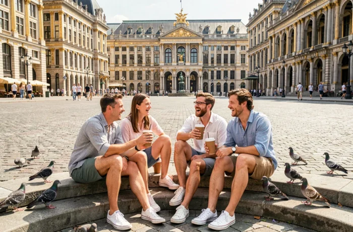 Groupe d'amis profitant du soleil sur la Grand-Place de Bruxelles par une journée d'été