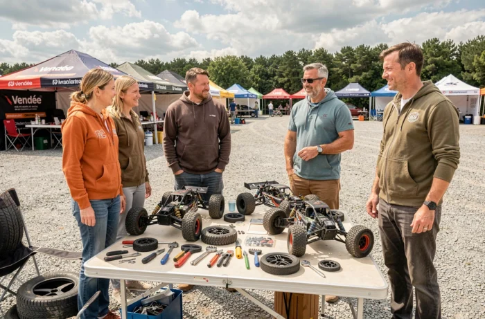 Groupe de passionnés de courses RC en Vendée autour d'un stand de préparation lors d'une compétition régionale