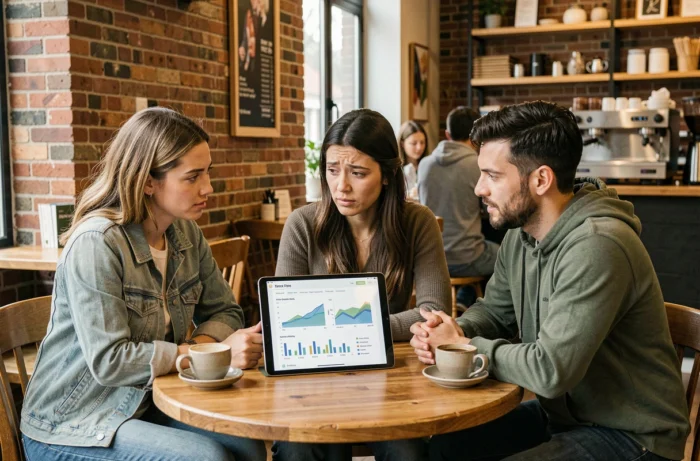 Groupe de jeunes adultes discutant d'une opportunité de revenus complémentaires autour d'une tablette dans un café