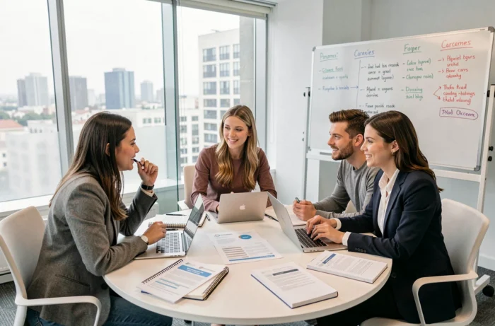 Groupe de jeunes professionnels collaborant autour d'une table sur des stratégies de développement de carrière