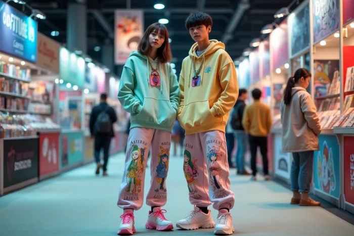 Deux amis en tenues Harajuku streetwear coordonnées dans les allées de la Japan Expo