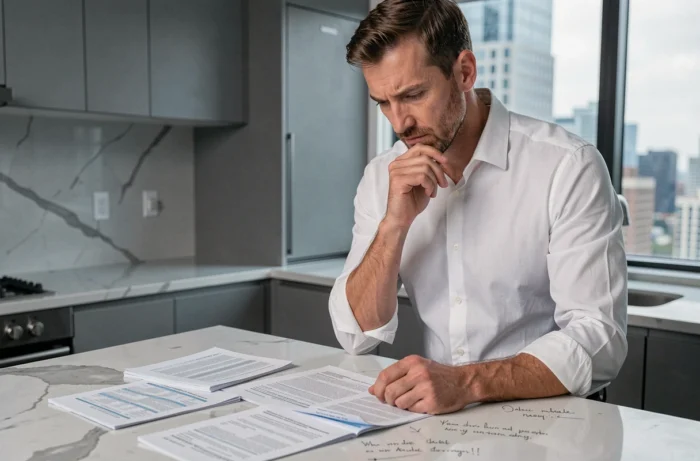 Homme analysant des documents financiers dans une cuisine moderne pour évaluer une opportunité de revenus complémentaires