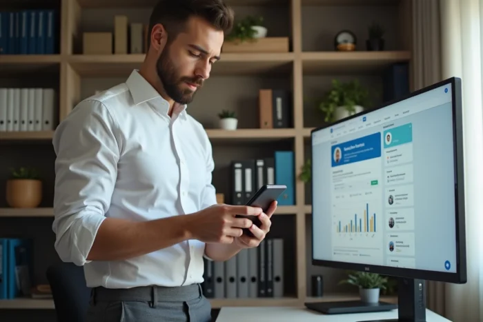 Homme professionnel utilisant une application de gestion de carrière sur smartphone dans son bureau à domicile
