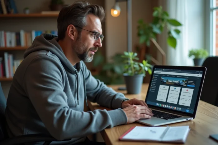 Homme comparant des voitures en ligne sur un ordinateur portable pour trouver la meilleure offre selon son budget