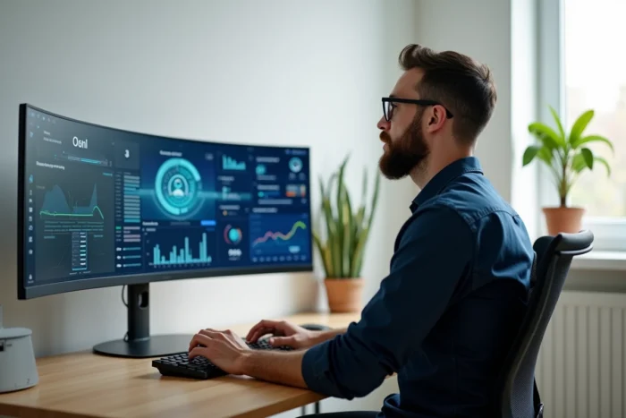 Homme utilisant un écran incurvé ultrawide avec interface d'intelligence artificielle dans un bureau moderne