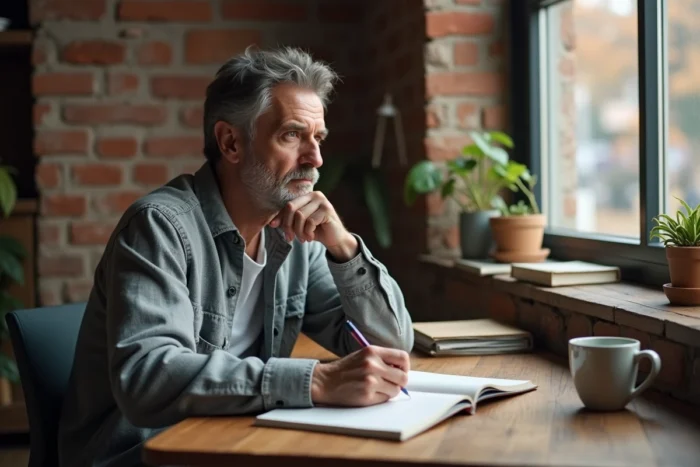 Homme écrivant dans un journal intime dans un bureau cosy pour cultiver l'apaisement et la sérénité