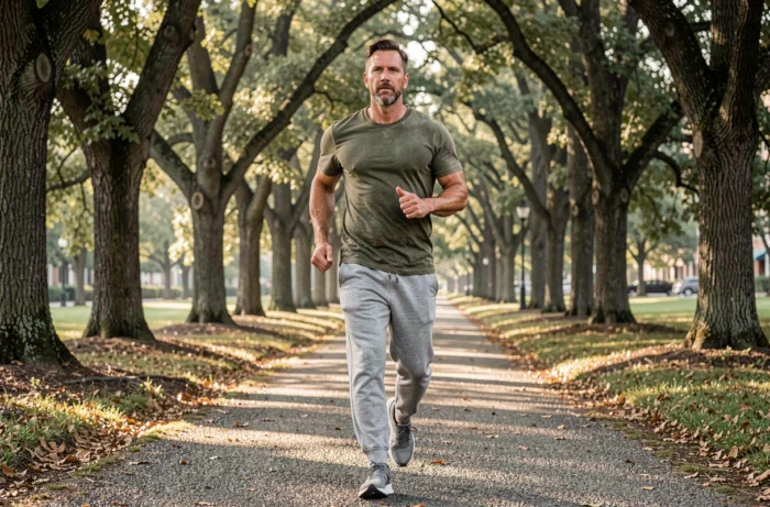 Homme faisant du jogging dans un parc urbain en automne pour adopter un mode de vie actif et sain