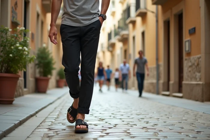 Homme marchant dans une rue pavée en sandales Birkenstock Mayari, illustrant le confort de marche pour l'hallux valgus