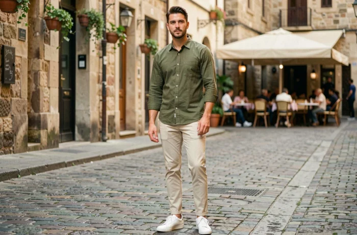 Homme tendance en overshirt olive et chinos dans une rue pavée européenne au style urbain chic