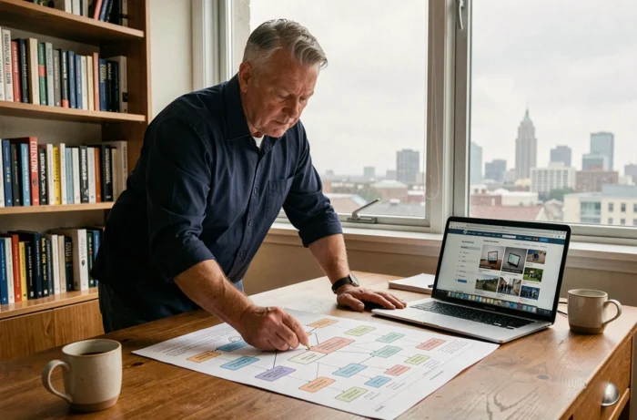 Homme examinant un plan de site imprimé pour optimiser la navigation d'un site d'actualités