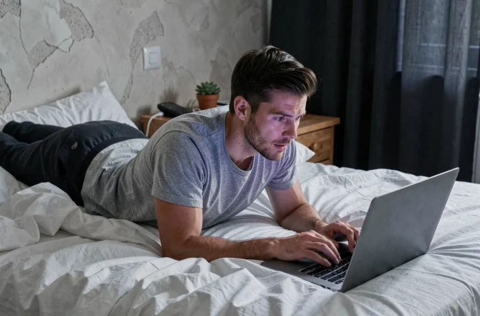 Homme naviguant sur une plateforme de streaming depuis son ordinateur portable sur un lit