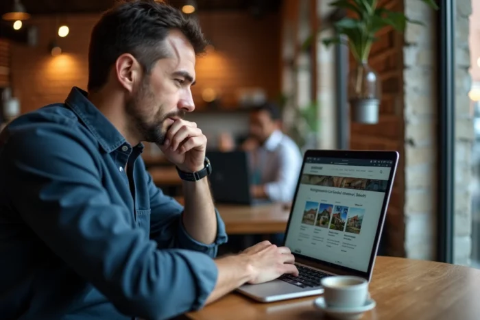 Homme recherchant des biens immobiliers via un sitemap structuré sur son ordinateur portable dans un café