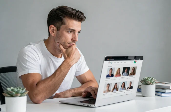 Homme consultant un site de rencontre comme Meetic sur son ordinateur portable depuis chez lui pour échanger sans abonnement