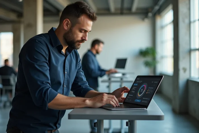 Homme professionnel configurant un outil de gestion de tâches Kordoz sur tablette dans un bureau moderne en open space