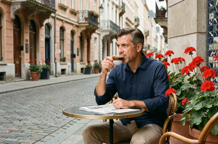 Homme savourant un café en terrasse ensoleillée dans une rue typique de Bruxelles