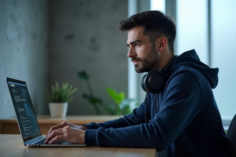 Homme utilisant un VPN sur son ordinateur portable pour naviguer en toute sécurité et confidentialité sur internet