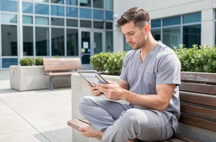 Infirmier consultant Convergence Infirmière sur tablette dans la cour extérieure d'un hôpital