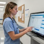 Infirmière professionnelle consultant des dossiers médicaux numériques sur un écran tactile dans un hôpital moderne