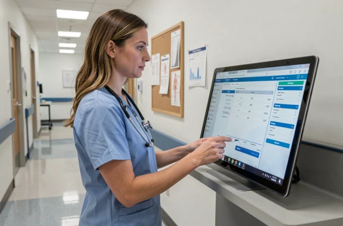 Infirmière professionnelle consultant des dossiers médicaux numériques sur un écran tactile dans un hôpital moderne