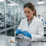 Ingénieure biomédicale assemblant un implant orthopédique dans une salle blanche de fabrication de dispositifs médicaux en France