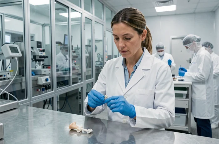 Ingénieure biomédicale assemblant un implant orthopédique dans une salle blanche de fabrication de dispositifs médicaux en France