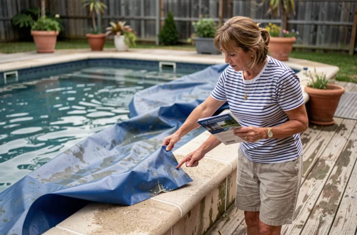 Propriétaire inspectant un liner de piscine décollé et abîmé avant sa rénovation