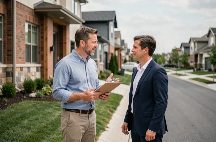 Investisseur immobilier inspectant une maison neuve en banlieue avec un agent immobilier