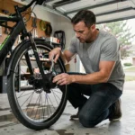 Homme inspectant le moteur d'un vélo électrique Decathlon dans un garage, diagnostic de panne