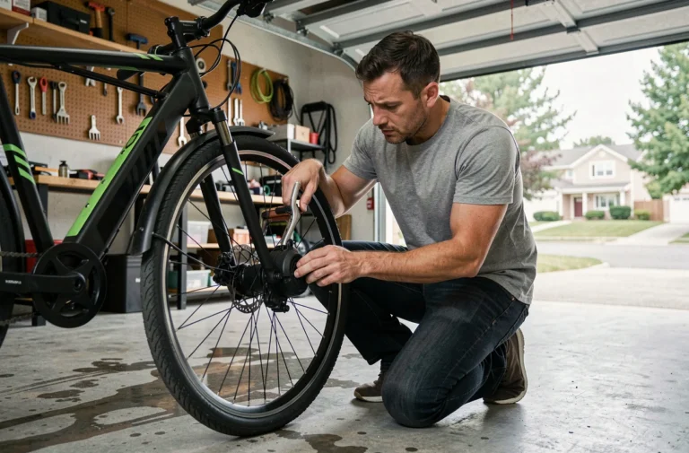 Homme inspectant le moteur d'un vélo électrique Decathlon dans un garage, diagnostic de panne