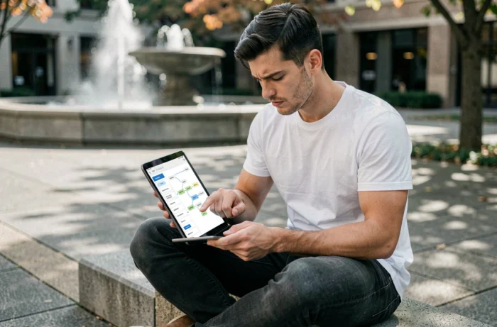 Jeune homme consultant un plan de site sur tablette en extérieur pour naviguer efficacement