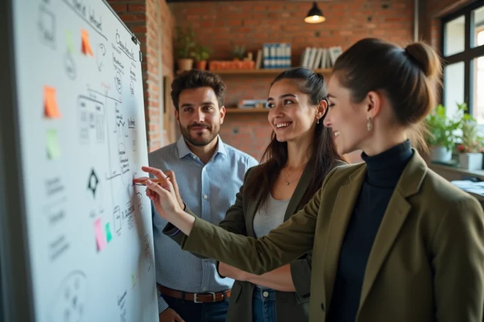 Groupe de jeunes entrepreneurs français en séance de brainstorming dans un incubateur de startups à Lyon