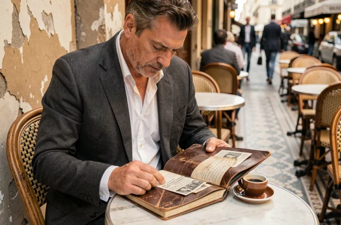 Journaliste politique consultant un carnet manuscrit en terrasse de café parisien, symbolisant la réflexion sur l'héritage familial et les convictions politiques